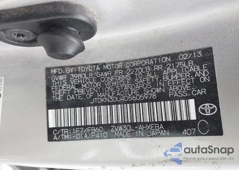 2013 Toyota Prius Three z USA, uszkodzony, nr VIN JTDKN3DU4D5605978